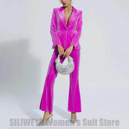 Fashion Velvet Women's Suit 2 Piece Single Button Peak Lapel Office Daily Casual Wear Elegant Formal Evening Party Ladies Suits