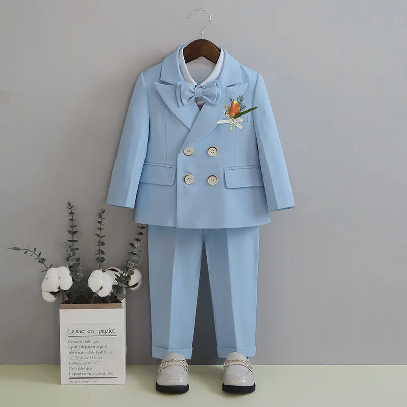 Flower Boys Wedding Outfit Kids Spring Autumn Jacket Vest Pants Bowtie Brooch 5Pieces Suit Set Children's Performance Costume