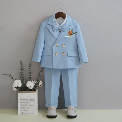 Flower Boys Wedding Outfit Kids Spring Autumn Jacket Vest Pants Bowtie Brooch 5Pieces Suit Set Children's Performance Costume