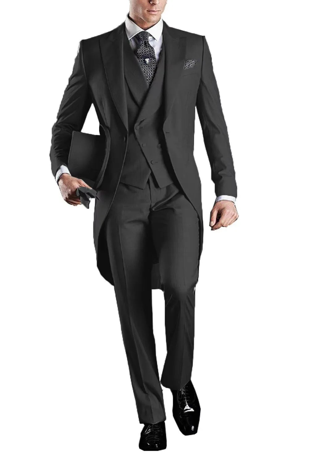 Men's 3-Piece Solid Long Tailcoat Tuxedo Set Formal Wedding Groom Clothing Jacket Pants Vest for Prom Party Fashion Male Suits