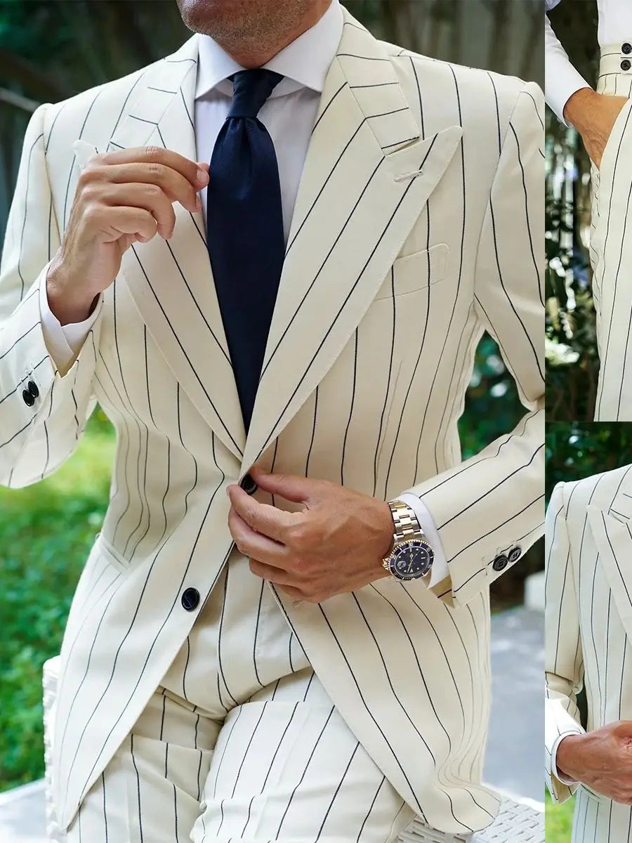 Modern Men's Suit Pinstripe 2 Pieces Blazer Pants Peaked Lapel Business Tuxedo Customized Formal Wedding Groom Costume Homme