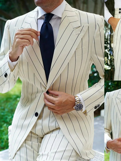 Modern Men's Suit Pinstripe 2 Pieces Blazer Pants Peaked Lapel Business Tuxedo Customized Formal Wedding Groom Costume Homme