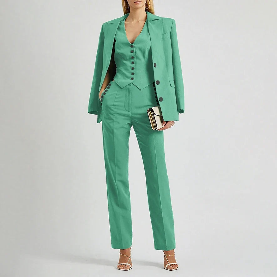 Slate Green Women's Suit Customized Elegant Single-breasted Peaked Lapel Three Pieces (Jacket+Pants+Vest) Office Lady Set