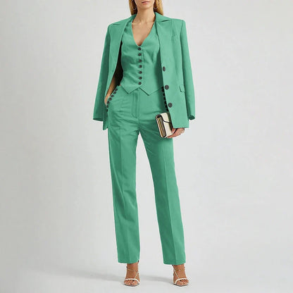 Slate Green Women's Suit Customized Elegant Single-breasted Peaked Lapel Three Pieces (Jacket+Pants+Vest) Office Lady Set