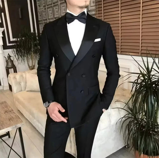 Men's Double Breasted Peaked Lapel Slim Fit Suit Set – Khaki & Black | Wedding & Formal Occasions