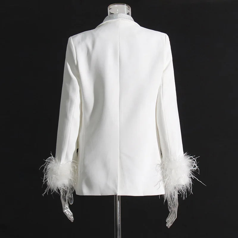 Spring Autumn New Women Blazer Turn-down Collar Studded Diamonds Single Button Cuff Spliced Feather Luxury Ins Coat HK16316