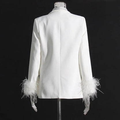 Spring Autumn New Women Blazer Turn-down Collar Studded Diamonds Single Button Cuff Spliced Feather Luxury Ins Coat HK16316