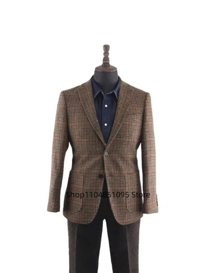 Casual Single Breasted Plaid Suits Blazer Slim Fit Brown Houndstooth Check Wedding Groom Tuxedo Jacket Fashion Winter One Coat