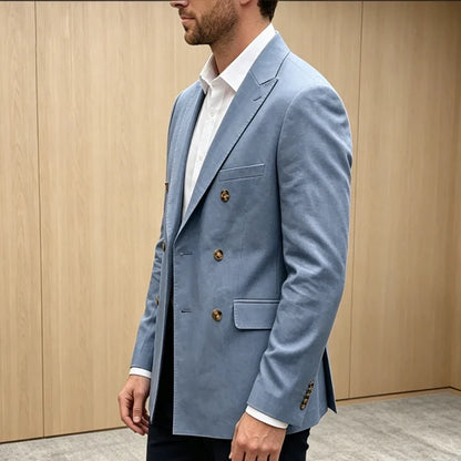 Men's Linen Blazer Notch Lapel Double Breasted Loose Fit Jacket Breathable Lightweight Business Outerwear Coat for Spring Summer