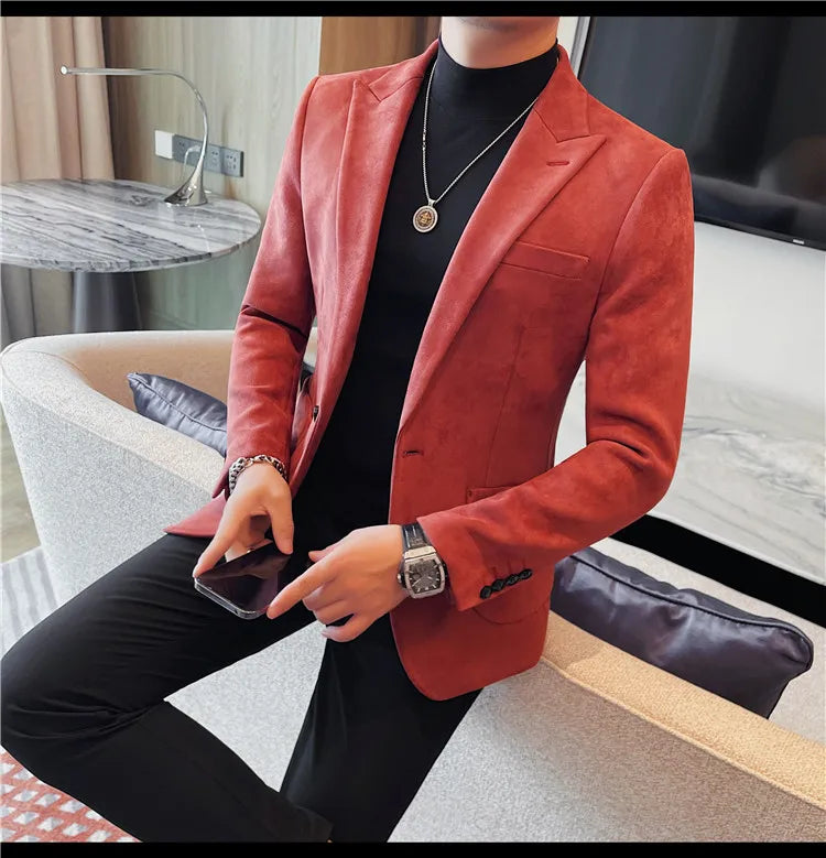 2024 Autumn Winter Men's Suede Suit Jacket High End Business Casual Blazers Slim Fit Wedding Groom Street Wear Social Dress Coat