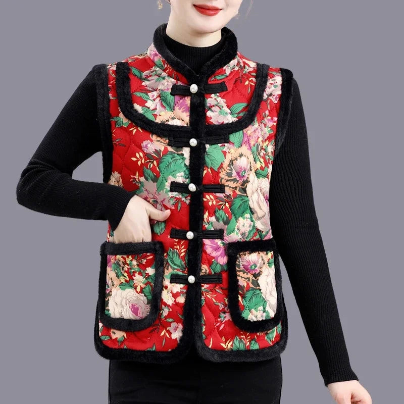Middle-aged Mother Add Velvet Warm Vest Coat Autumn Winter New Printed Fleece Sleeveless Jacket Grandma Thicken Warm Waistcoat