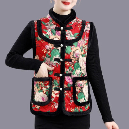 Middle-aged Mother Add Velvet Warm Vest Coat Autumn Winter New Printed Fleece Sleeveless Jacket Grandma Thicken Warm Waistcoat