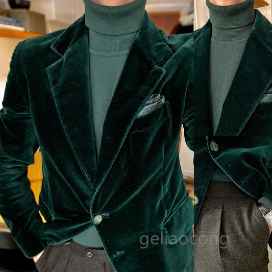 (One Blazer) Green Velve Blazers for Men Formal Business Wedding Suit Jackets Casual Slim Fit Notch Lapel One Button Male Coat