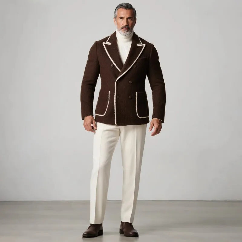 Men's Peak Lapel Double Breasted Long Sleeve Patch Pockets Contrast Binding Fuzzy Blazer