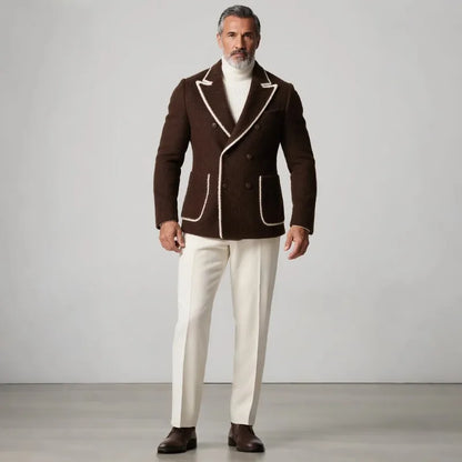 Men's Peak Lapel Double Breasted Long Sleeve Patch Pockets Contrast Binding Fuzzy Blazer
