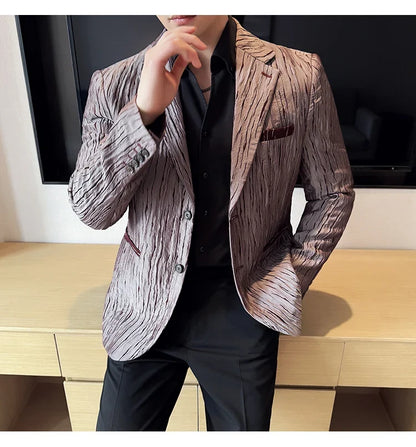 Korean Trend 3D Pleated Suit Jacket for Men Wedding Groom Business Dress Jacket Casual Banquet Party Host Blazer Masculino