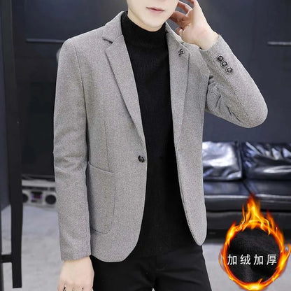 Blazer: An Outdoor Fashion Business Gentleman Pure Color Wedding Host Slim-fit Casual Korean-style Versatile Men Fleece Blazer