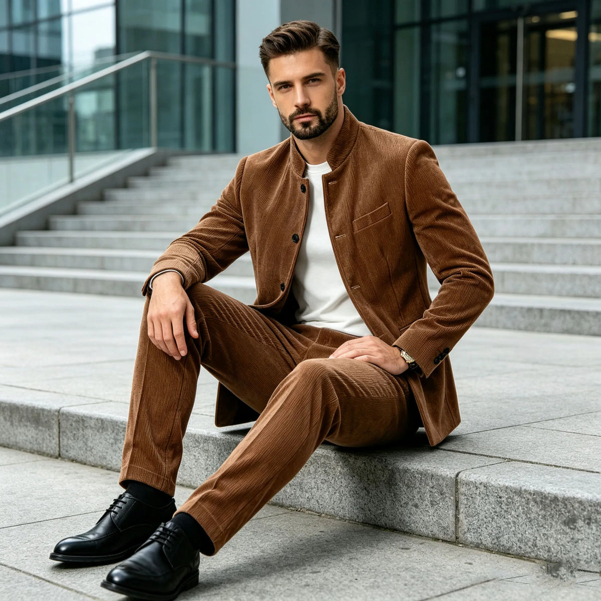 Men's Corduroy 2-Piece Suit – Mandarin Collar Single Breasted Blazer & Pants for Business & Formal Occasions
