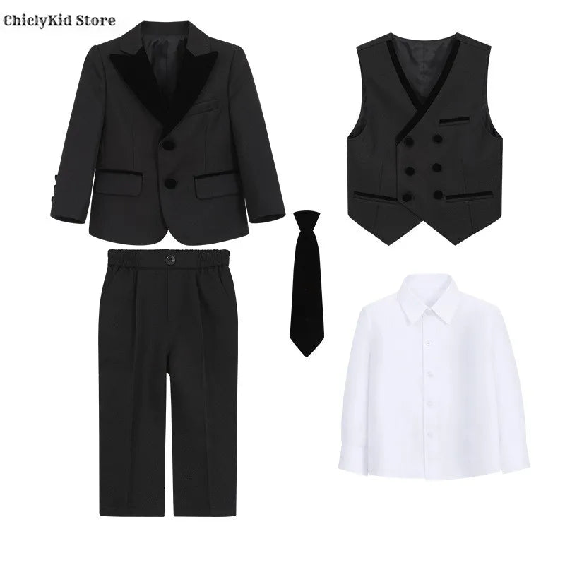 Boys Fashion Blazer Jacket Waistcoat Pants Wedding Suits Kids Morning Coat Formal Dress Children Tuxedos Toddler Clothes Sets
