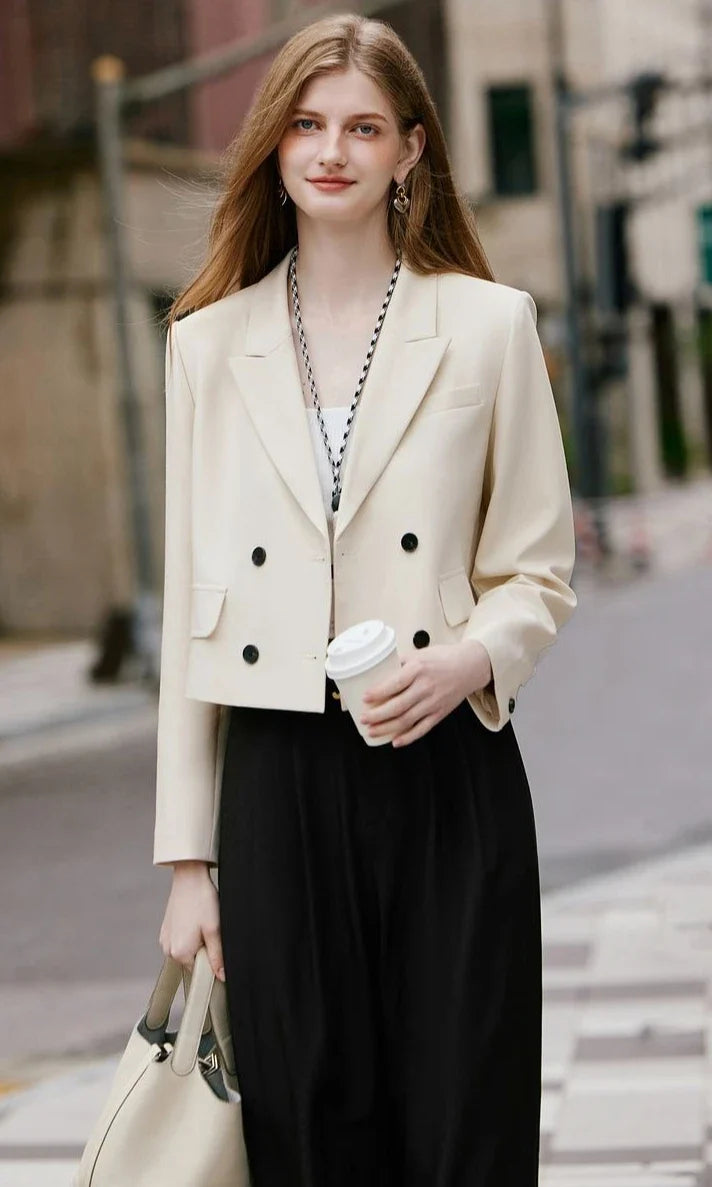 Premium Solid Color Women's Petite Double Breasted Short Blazer 2025 Fall New Arrival High Quality Fashion Office Wear Youthful