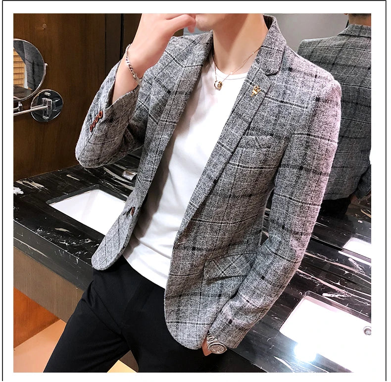 2025 New Men's Casual Plaid Suit Jacket Male Linen Plaid Business Self-cultivation Wedding Dress Party Suit Coat Plus Size S-5XL