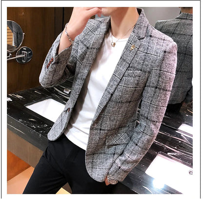 2025 New Men's Casual Plaid Suit Jacket Male Linen Plaid Business Self-cultivation Wedding Dress Party Suit Coat Plus Size S-5XL