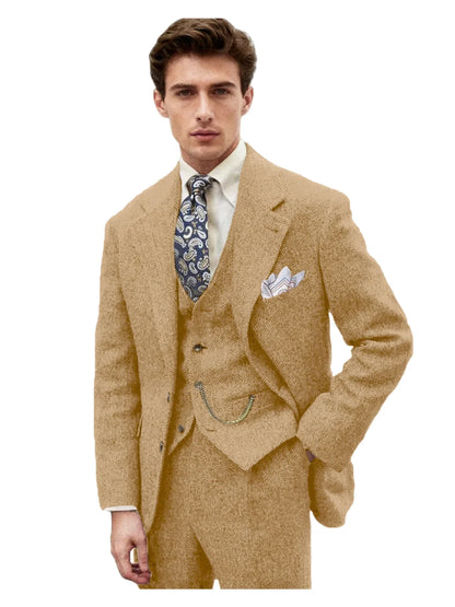 3 Piece Grey/Brown Mens Tweed Herringbone Wedding Suit Prom Tuxedos Peak Lapel Tweed for Business Slim Fit (Blazer+Vest+Pants)