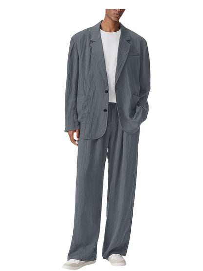 Men's Linen Blend Wrinkled Two Piece Suit Loose Two Button Blazer Wide Leg Trousers Casual Vacation Daily Soft Breathable Outfit
