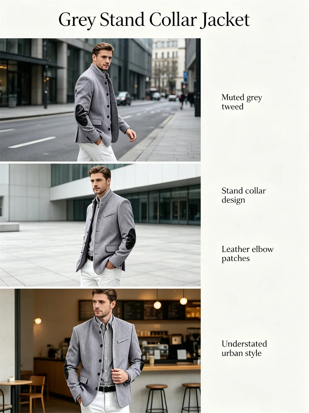 Men's Herringbone Tweed Blazer With Elbow Patches Retro Stand Collar Jacket Slim Fit Daily Party Business Casual Sport Coat ﻿