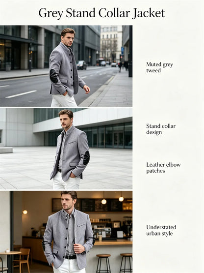 Men's Herringbone Tweed Blazer With Elbow Patches Retro Stand Collar Jacket Slim Fit Daily Party Business Casual Sport Coat ﻿