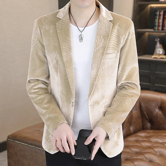 Men's Slim Fit Velvet Blazer – Bamboo Leaf Print Smart Casual Suit Jacket