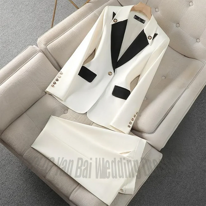 New Unique Women Pant Suit Contrast Color Modern Outfit One-Button Peaked Lapel Casual Fashion Daily Female Clothes Set 2 Piece
