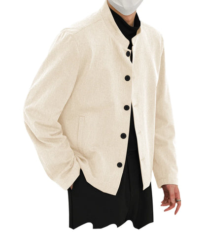 Men's Linen Blazer Stand Collar Slim Fit Suit Jacket Lightweight Breathable Soft Business Casual Daily Sport Coat for Spring