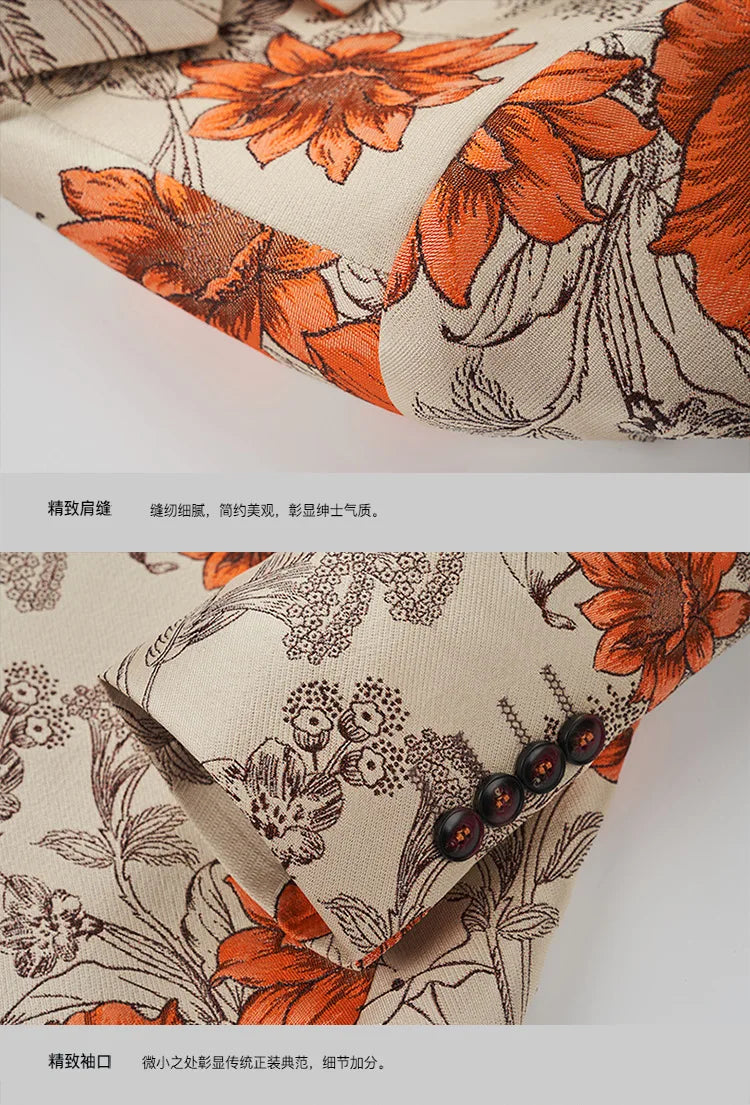 Men Suit 2 Pieces Orange Flower Pattern One Button Business Casual For  Wedding Birthday Party Set Jacket And Pants