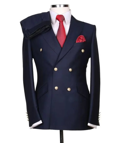 Men's Serge Suit 2 Piece Double Breasted Slim Fit Peak Lapel Gold Button High Quality Formal Blazer Pants Formal Business Weddin