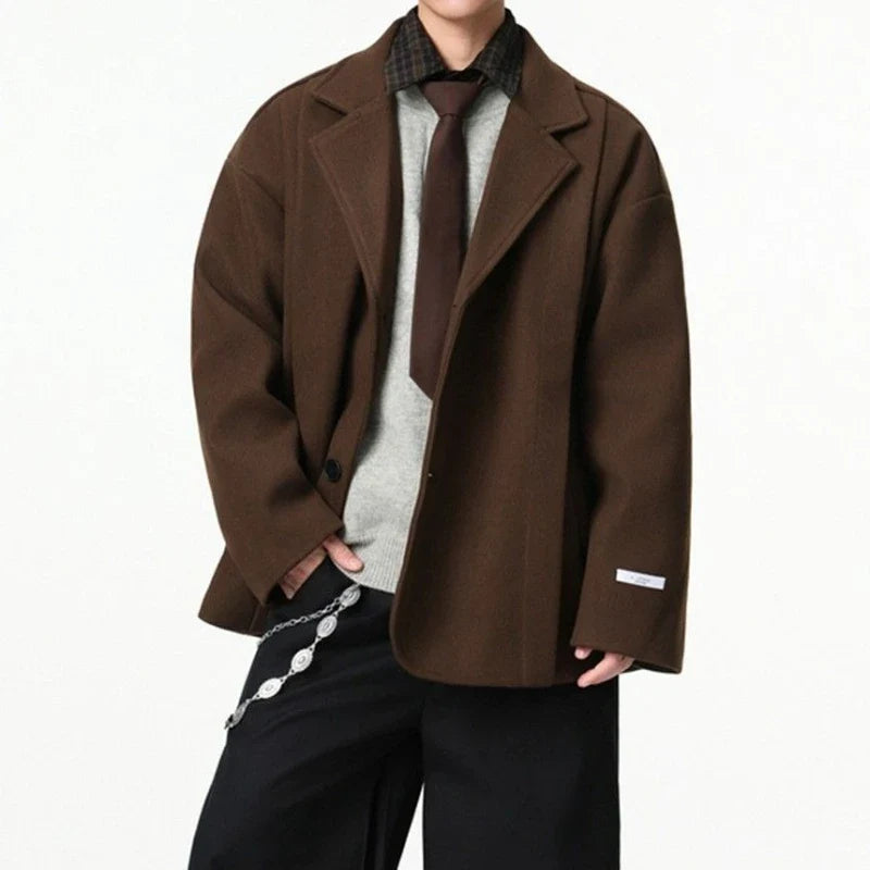 Men's British Style Brown Wool Blend Blazer Korean Loose Lapel Chic Autumn Fashion Suit Jacket