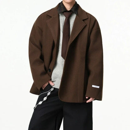 Men's British Style Brown Wool Blend Blazer Korean Loose Lapel Chic Autumn Fashion Suit Jacket