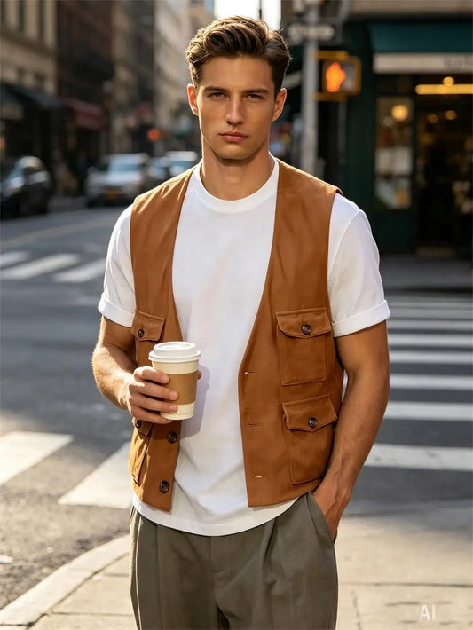 Men's Vest Faux Suede Multi-Pocket Safari Gilet for Casual & Outdoor Wear