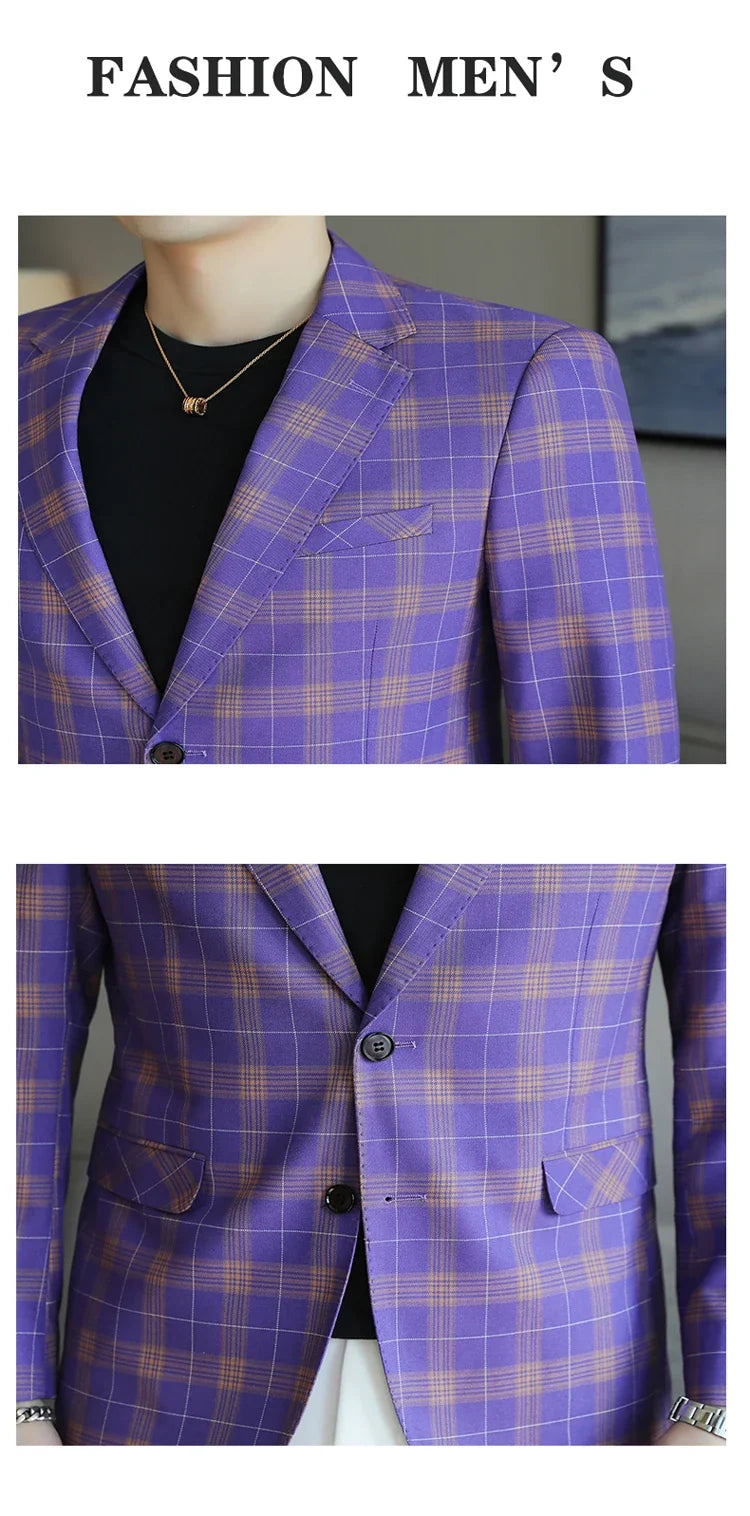 Checkered Suit Jacket for Men Single Breasted Casual Business Blazers Slim Fit Social Office Banquet Host Wedding Dress Jackets
