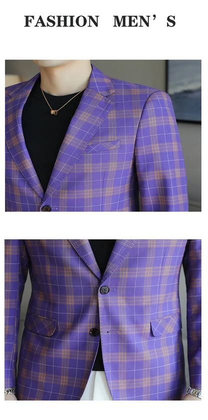 Checkered Suit Jacket for Men Single Breasted Casual Business Blazers Slim Fit Social Office Banquet Host Wedding Dress Jackets