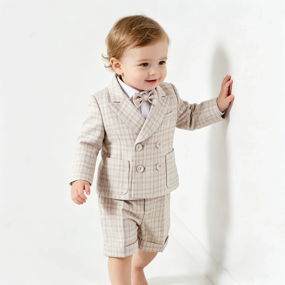 Plaid Suit Set for Boys Formal Blazer Toddler Gentleman Shorts BowTie Perfect for Wedding Birthday Baptism Party Dress Outfit