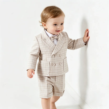 Plaid Suit Set for Boys Formal Blazer Toddler Gentleman Shorts BowTie Perfect for Wedding Birthday Baptism Party Dress Outfit