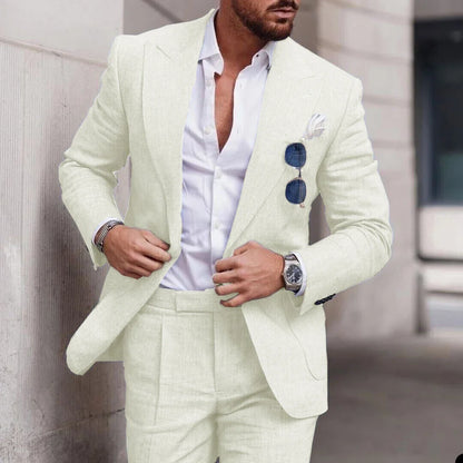 Men's 2-Piece Linen Suit – Slim Fit Notch Lapel Blazer & Trousers for Wedding, Business & Formal Occasions