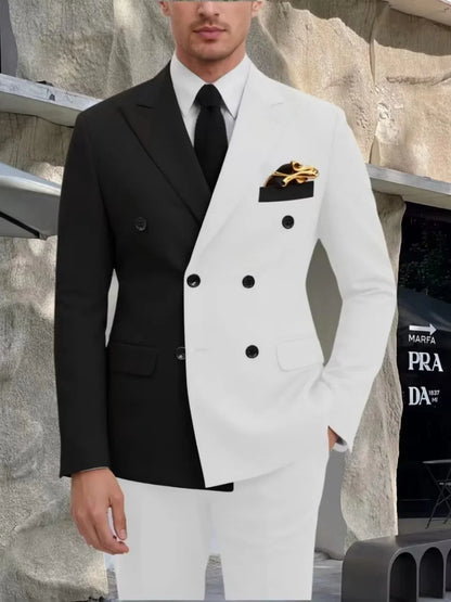 Fashion Contrast Man Suit Set 2 Pieces Jacket Pants Stage Performance Wear Premium Double Breasted Men's Tuxedo For Wedding