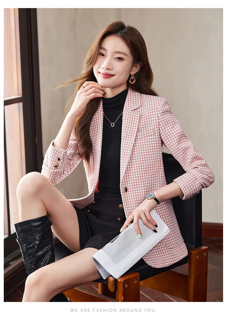 Women Office Ladies Single Breasted Slim Blazer Coat Autumn Winter Fashion Plaid Temperament Long Sleeved Elegant Tops Vacation