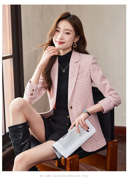 Women Office Ladies Single Breasted Slim Blazer Coat Autumn Winter Fashion Plaid Temperament Long Sleeved Elegant Tops Vacation