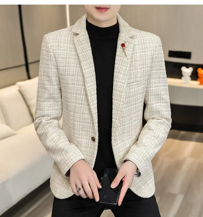 Korean Fashion Woven Suit Jacket for Men Autumn Slim Fit Casual Men Blazers Street Wear Social Business Dress Coats Men Clothing