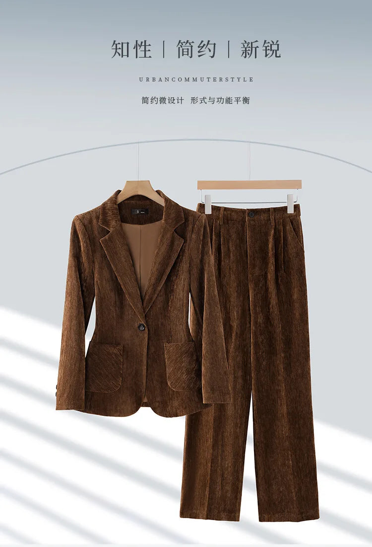 2024 Autumn New Corduroy Elegant Pant Suit Ladies Formal Business Work Wear 2 Piece Set Black Coffee Jacket Blazer And Trouser