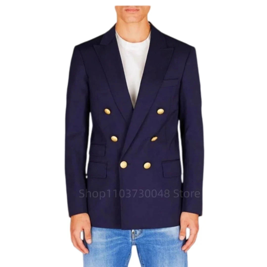 Navy Blue Slim Fit Blazer for Men Peak Lapel Double Breasted Elegant Dinner Prom Suit Jacket for Wedding/Business Only One Top