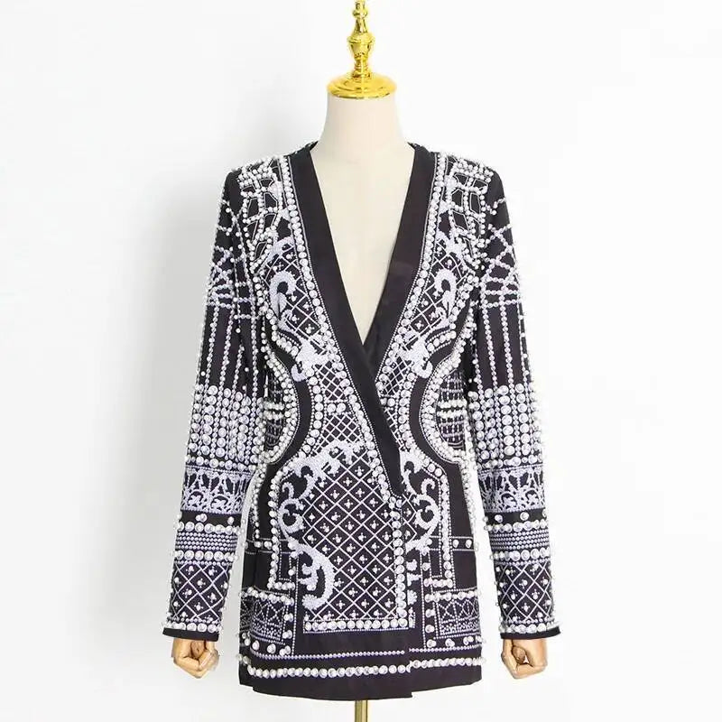 Autumn New Women's Elegant Fashion Luxury Heavy Craft Beaded Printed Coat Stylish V-neck Long Sleeve High-end Blazer HK8297